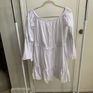 White cotton long sleeve dress with lace & ruching